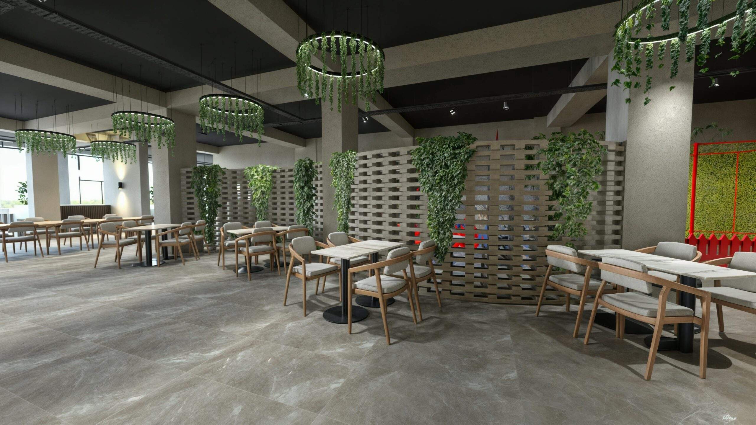 A serene room featuring hanging plants, green walls, and wooden furniture